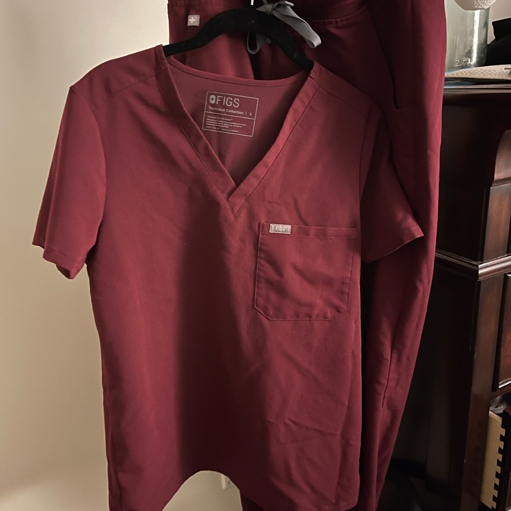 Burgundy FIGS scrub top and joggers